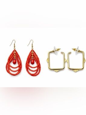 Gold and Red Beaded Teardrop Dangle Earrings - Women Jewelry 💕4x15$